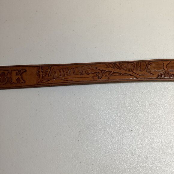 Vintage Name Jack Western Cowboy Outdoor Fish Tooled Cowhide Tan Leather 46 Belt - Picture 5 of 9